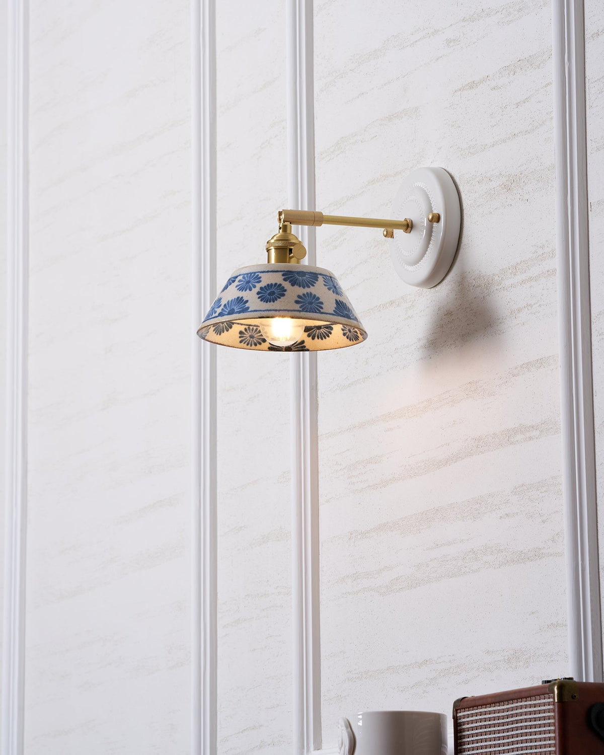Ceramic Sconce with Brass Hardware in Blue & White – Hardwired E26 Socket for Bathroom, Bedroom & Hallway Accent Lighting