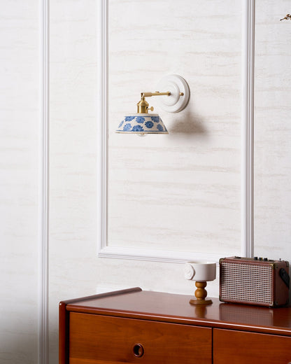 Ceramic Sconce with Brass Hardware in Blue & White – Hardwired E26 Socket for Bathroom, Bedroom & Hallway Accent Lighting