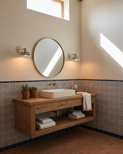 Ceramic Sconce with Brass Hardware in Blue & White – Hardwired E26 Socket for Bathroom, Bedroom & Hallway Accent Lighting
