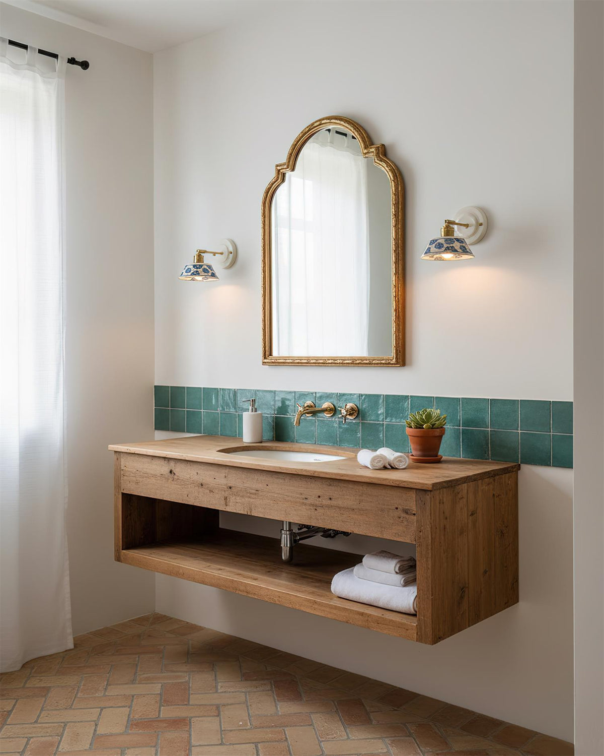 Ceramic Sconce with Brass Hardware in Blue & White – Hardwired E26 Socket for Bathroom, Bedroom & Hallway Accent Lighting