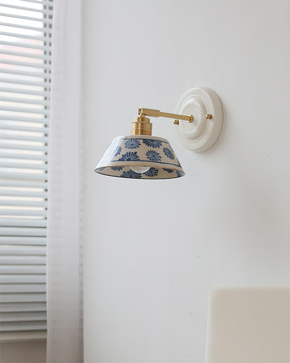 Ceramic Sconce with Brass Hardware in Blue & White – Hardwired E26 Socket for Bathroom, Bedroom & Hallway Accent Lighting