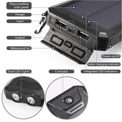 Portable Charger | Waterproof Solar Power Bank with 30000mAh Capacity | Dual USB Outputs for Outdoor Adventures