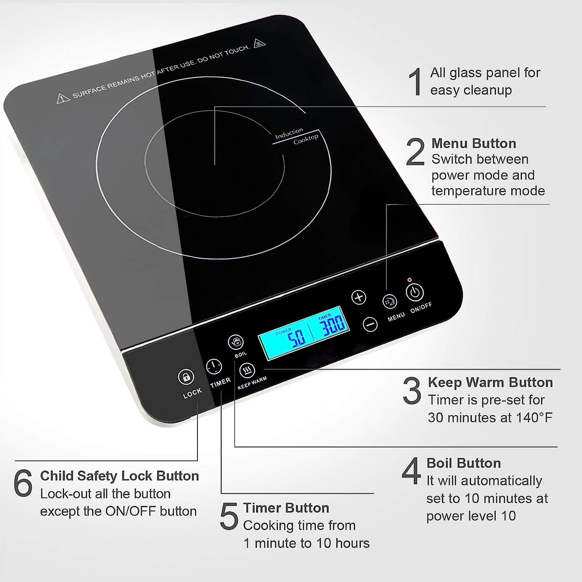 Portable Induction Cooktop with Touch Controls, Induction Burner with Timer, Induction Stove, Electric Cooktop