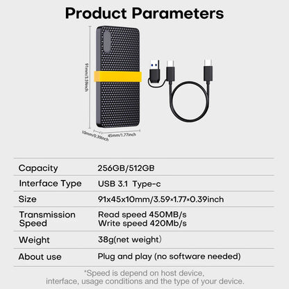 Portable SSD | External Hard Drive with USB 3.1 Type C | Compact Design for Fast Data Access
