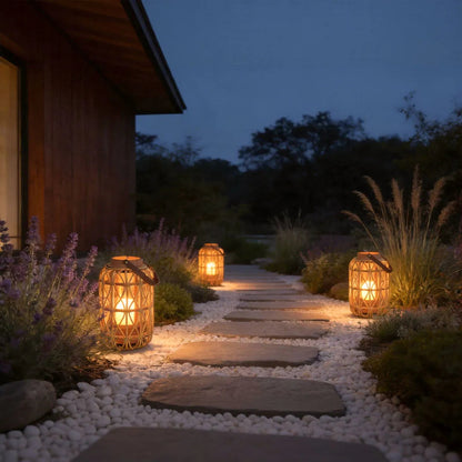 Portable Vintage LED Lantern, Handwoven Rattan & Bamboo, Accent Light for Warm Ambient Lighting