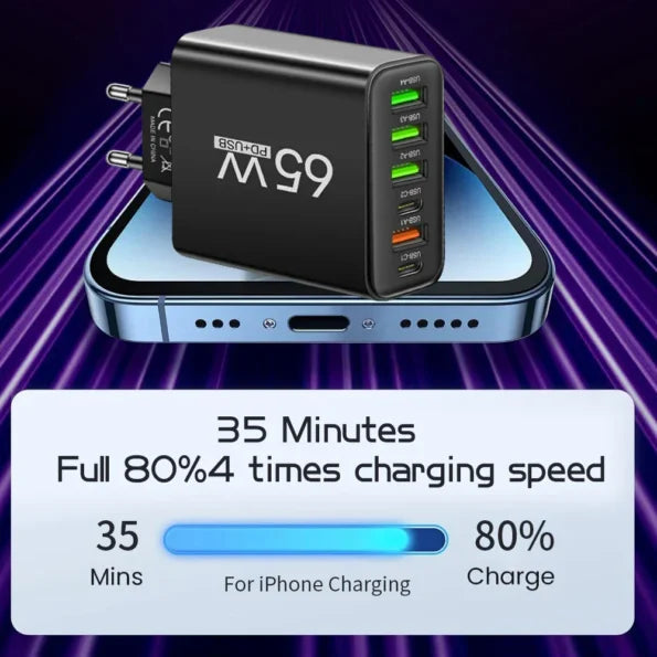 Multi-Device USB Charging Station 65W 6-Port Wall Charger Hub for Smartphones Tablets Laptops Travel Home Office Desktop Black White Yellow