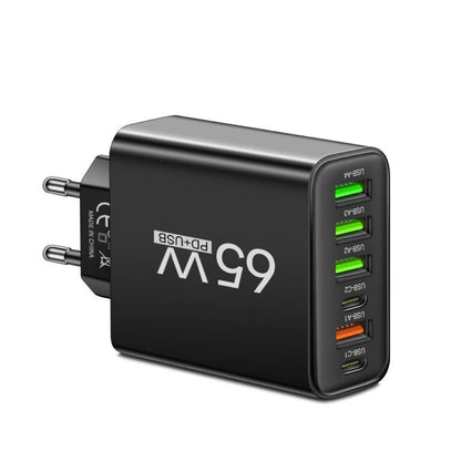 Multi-Device USB Charging Station 65W 6-Port Wall Charger Hub for Smartphones Tablets Laptops Travel Home Office Desktop Black White Yellow