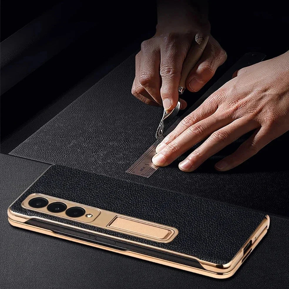 Genuine Leather Foldable Phone Case for Galaxy Z Fold 3/4/5/6/7/8 – Kickstand or Finger Loop Options – Full Protection Design