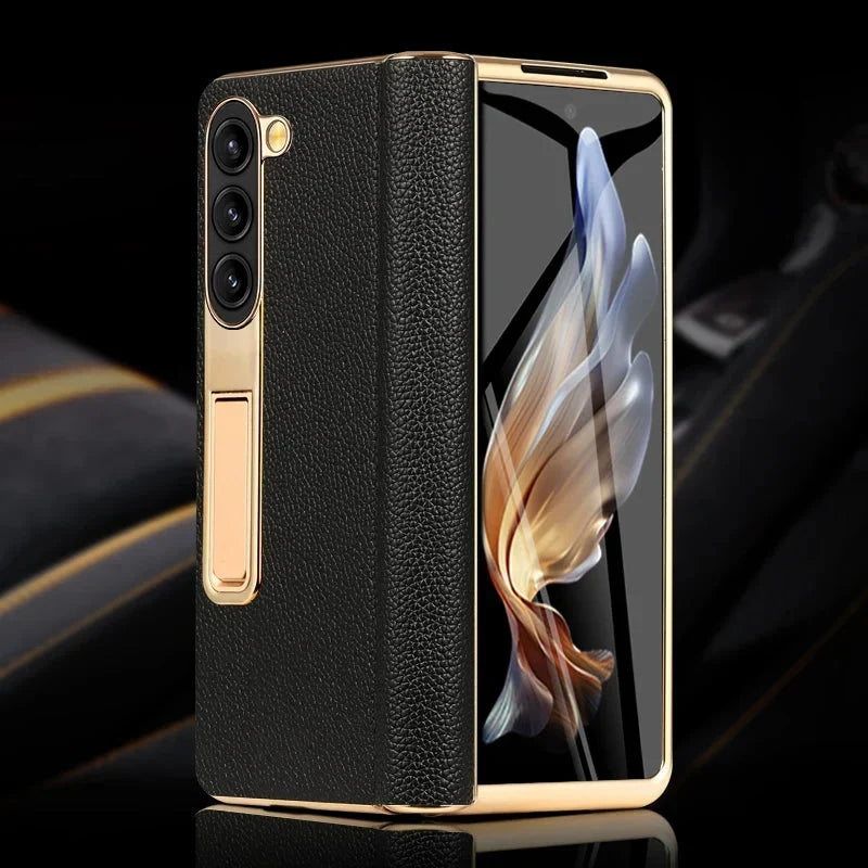 Genuine Leather Foldable Phone Case for Galaxy Z Fold 3/4/5/6/7/8 – Kickstand or Finger Loop Options – Full Protection Design