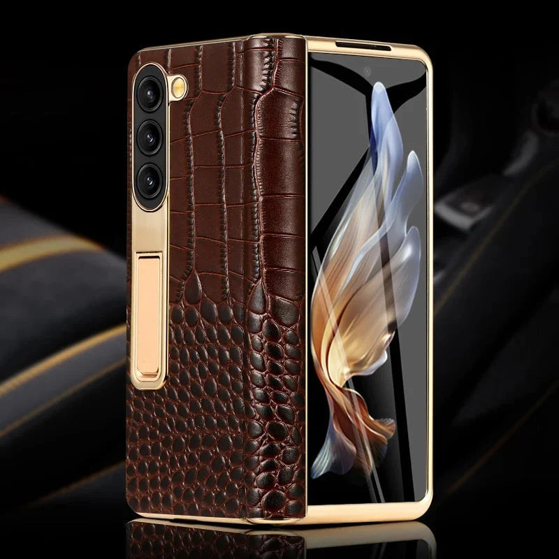 Genuine Leather Foldable Phone Case for Galaxy Z Fold 3/4/5/6/7/8 – Kickstand or Finger Loop Options – Full Protection Design
