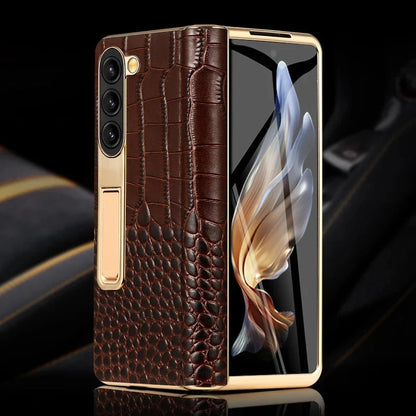 Genuine Leather Foldable Phone Case for Galaxy Z Fold 3/4/5/6/7/8 – Kickstand or Finger Loop Options – Full Protection Design