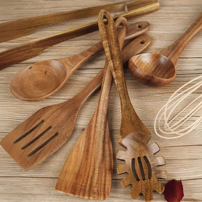 7-Piece Teak Wood Kitchen Utensil Set for Cooking & Serving, Heat-Resistant Natural Wooden Tools for Nonstick Pans, Includes Ladle Spatula