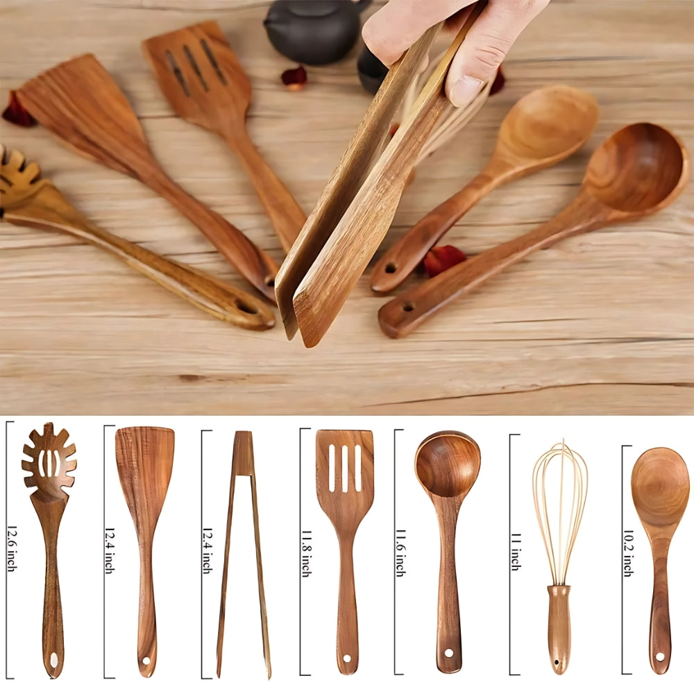 7-Piece Teak Wood Kitchen Utensil Set for Cooking & Serving, Heat-Resistant Natural Wooden Tools for Nonstick Pans, Includes Ladle Spatula
