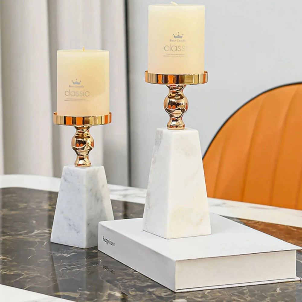 Prysm Candle Holder - Marble with Gold Accent, Modern Pyramid Design