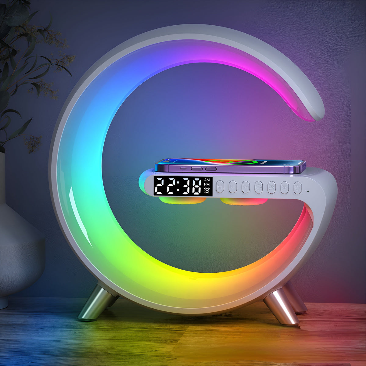 Digital LED Nightstand Clock with Qi Wireless Phone Charger and Bluetooth Speaker for Bedroom 10 in