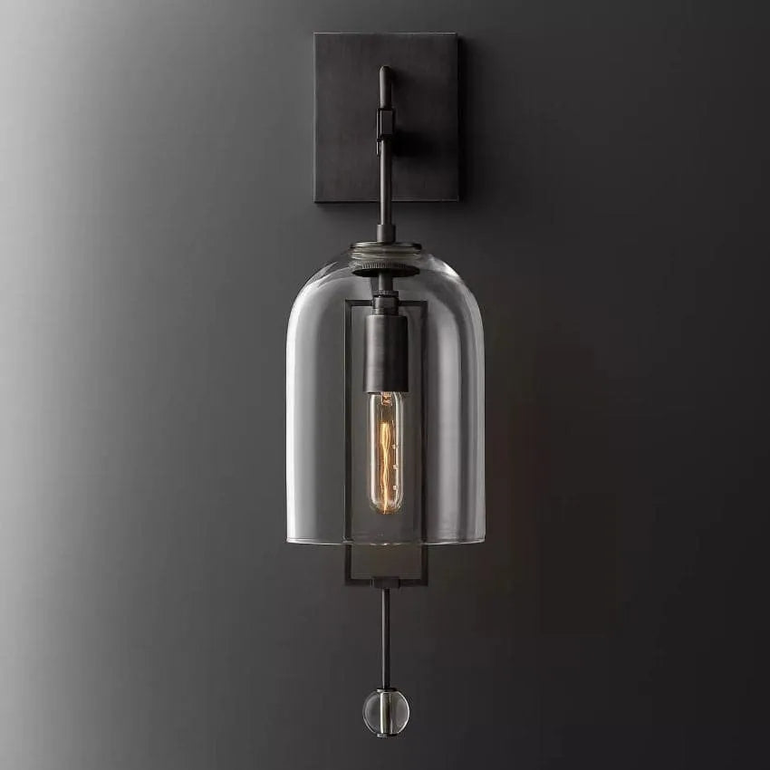 Modern Glass Globe Wall Light with Geometric Frame – Vintage Brass, Bronze & Satin Nickel – 23 or 29 Inch Height – Sculptural Sconce for