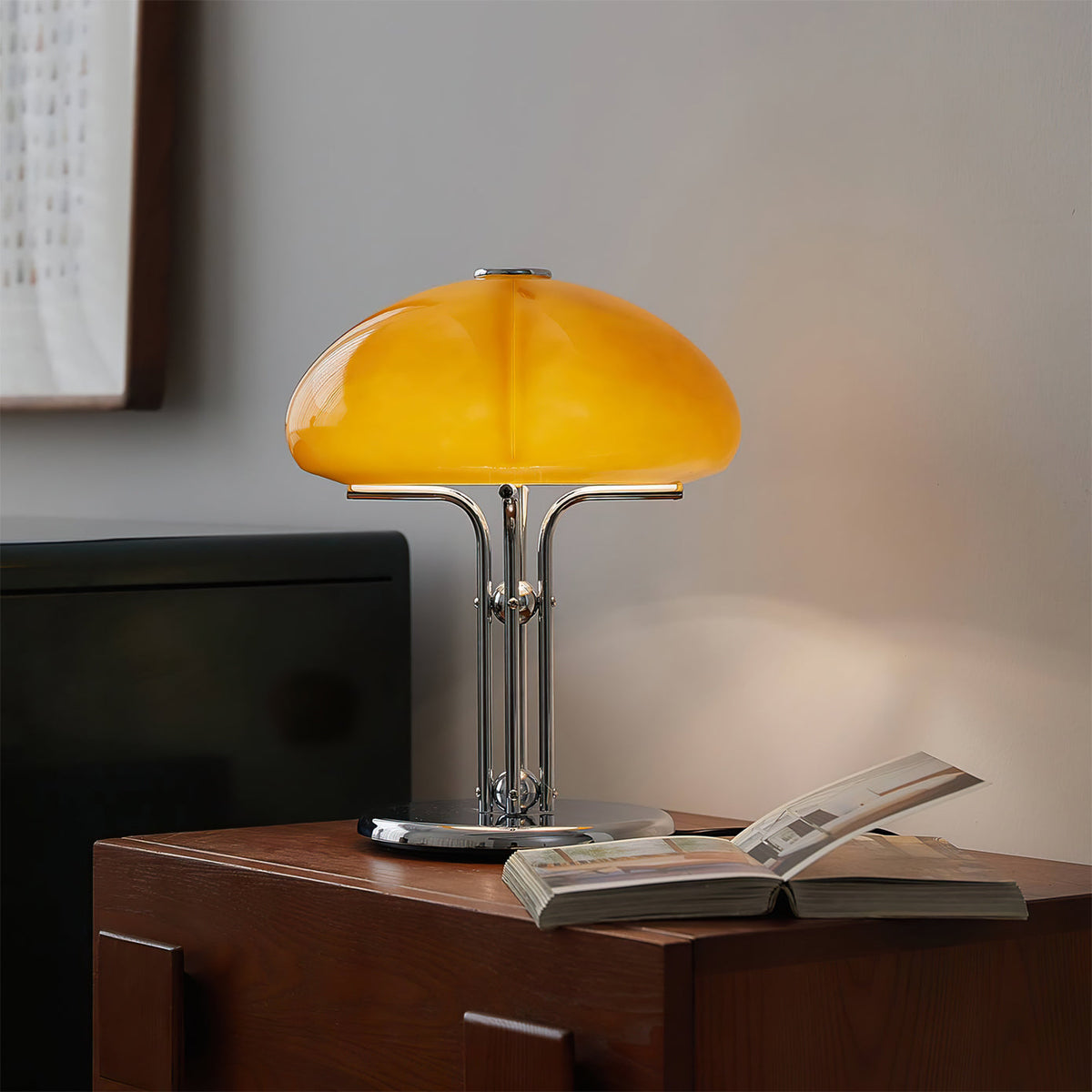 Retro Glass Globe Lamp Orange Accent Light with Push Switch for Bedroom Office Desk Nightstand Mid-Century Modern LED Tabletop Fixture