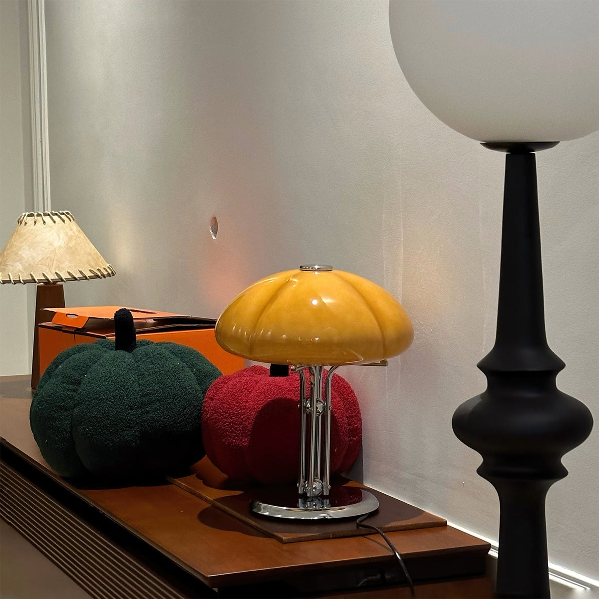 Retro Glass Globe Lamp Orange Accent Light with Push Switch for Bedroom Office Desk Nightstand Mid-Century Modern LED Tabletop Fixture