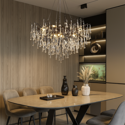 Adjustable Crystal Chandelier Fixture LED Hanging Light 24-47 Inch Diameter Modern Aluminum Suspended Lamp for Dining Tables High Ceilings