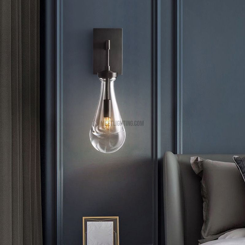 Hand-Blown Glass Wall Sconce with Teardrop Shade – Modern Brass Lighting for Bedroom, Hallway & Living Room