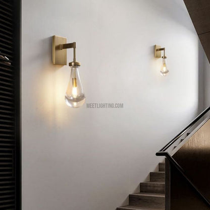 Hand-Blown Glass Wall Sconce with Teardrop Shade – Modern Brass Lighting for Bedroom, Hallway & Living Room
