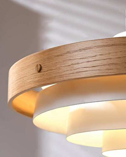 Swing Arm Ceiling Fixture with Layered Wood & Metal Shade – 16 in Diameter – Adjustable for Dining Room Kitchen Island Workspace – E26 Socke