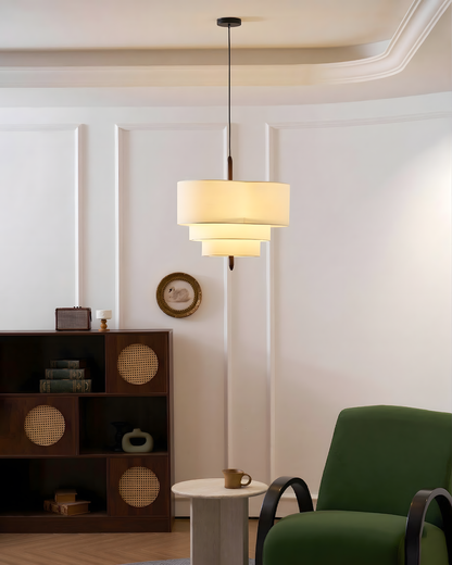 Layered Fabric Chandelier with Wood Accent 3-Light Adjustable Hanging Fixture for Dining Tables & Kitchens Modern Ambient Ceiling Light