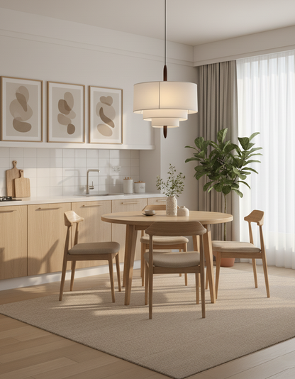 Layered Fabric Chandelier with Wood Accent 3-Light Adjustable Hanging Fixture for Dining Tables & Kitchens Modern Ambient Ceiling Light