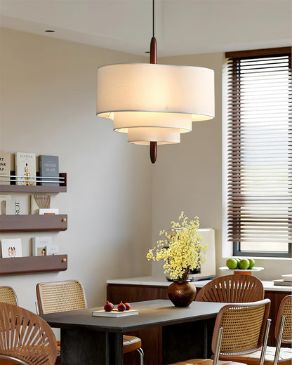 Layered Fabric Chandelier with Wood Accent 3-Light Adjustable Hanging Fixture for Dining Tables & Kitchens Modern Ambient Ceiling Light