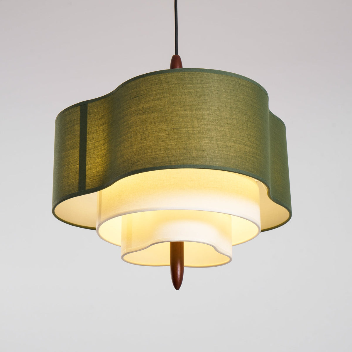 Layered Fabric Chandelier with Wood Accent 3-Light Adjustable Hanging Fixture for Dining Tables & Kitchens Modern Ambient Ceiling Light
