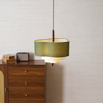 Layered Fabric Chandelier with Wood Accent 3-Light Adjustable Hanging Fixture for Dining Tables & Kitchens Modern Ambient Ceiling Light