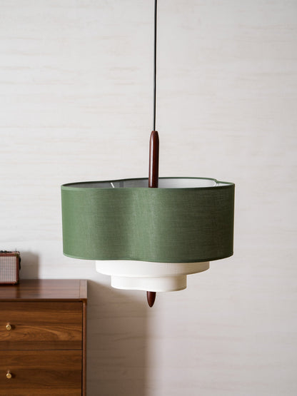 Layered Fabric Chandelier with Wood Accent 3-Light Adjustable Hanging Fixture for Dining Tables & Kitchens Modern Ambient Ceiling Light