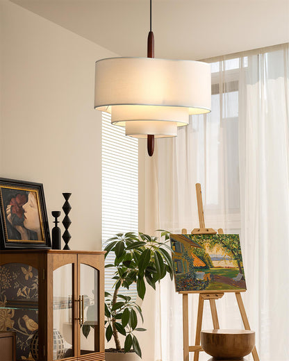 Layered Fabric Chandelier with Wood Accent 3-Light Adjustable Hanging Fixture for Dining Tables & Kitchens Modern Ambient Ceiling Light