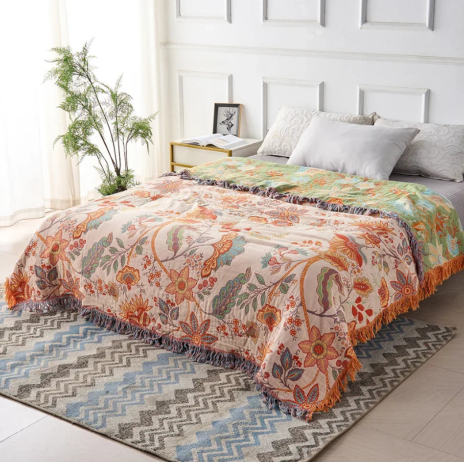 Ravelle Boho Blanket - 100% Cotton, Floral Design with Fringe