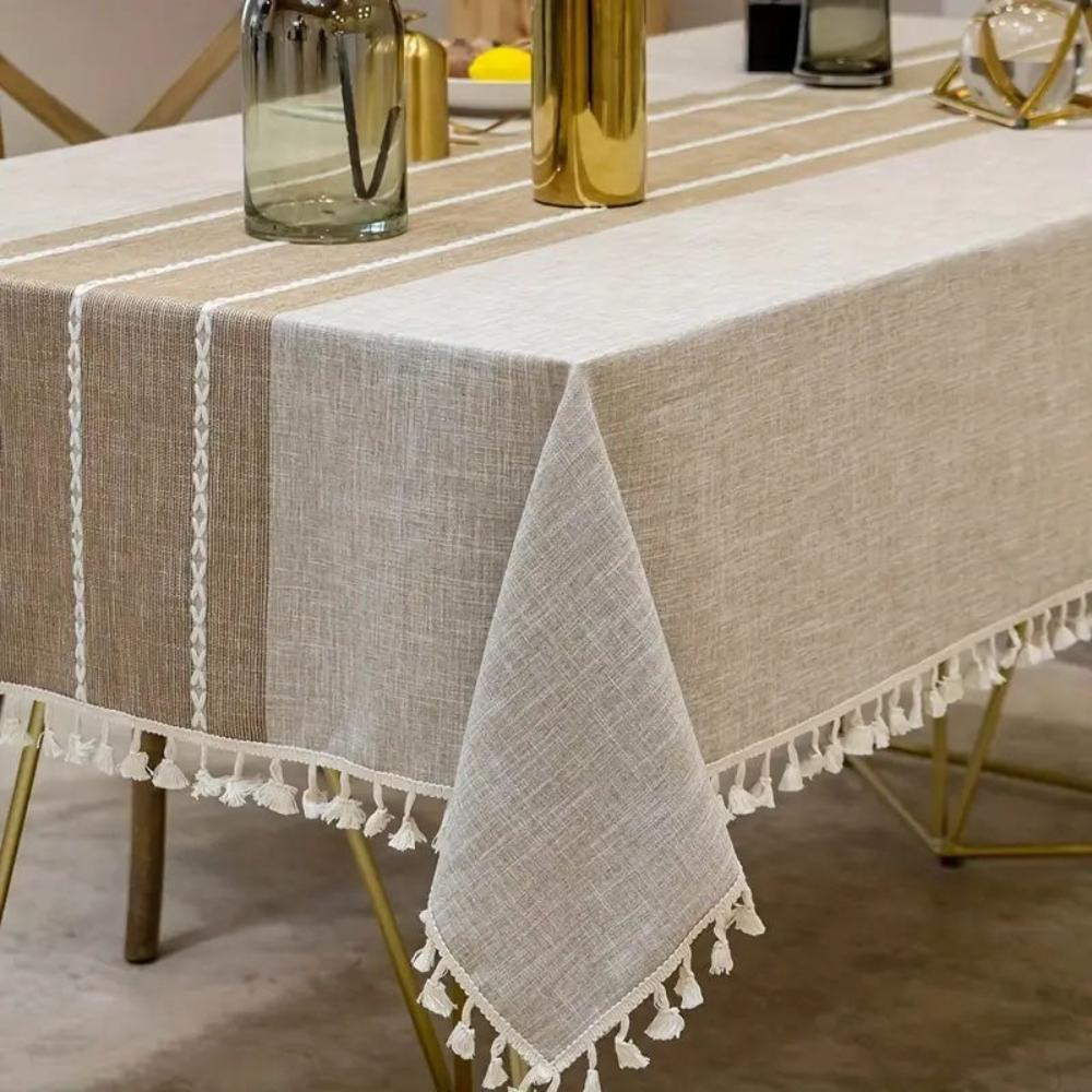 Ravello Linen Tablecloth - Geometric Pattern with Tassels, Stain-Resistant