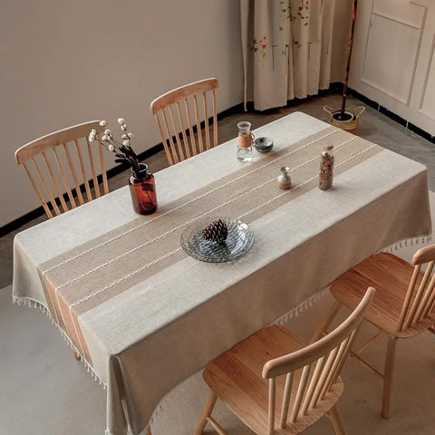 Ravello Linen Tablecloth - Geometric Pattern with Tassels, Stain-Resistant