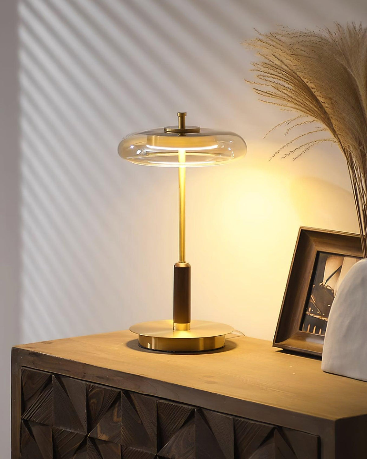 Amber Glass Bedside Lamp with Brass Base 8.6 in Diameter Warm Glow 7W LED Lighting Nightstand Accent for Bedroom Office Contemporary Decorat