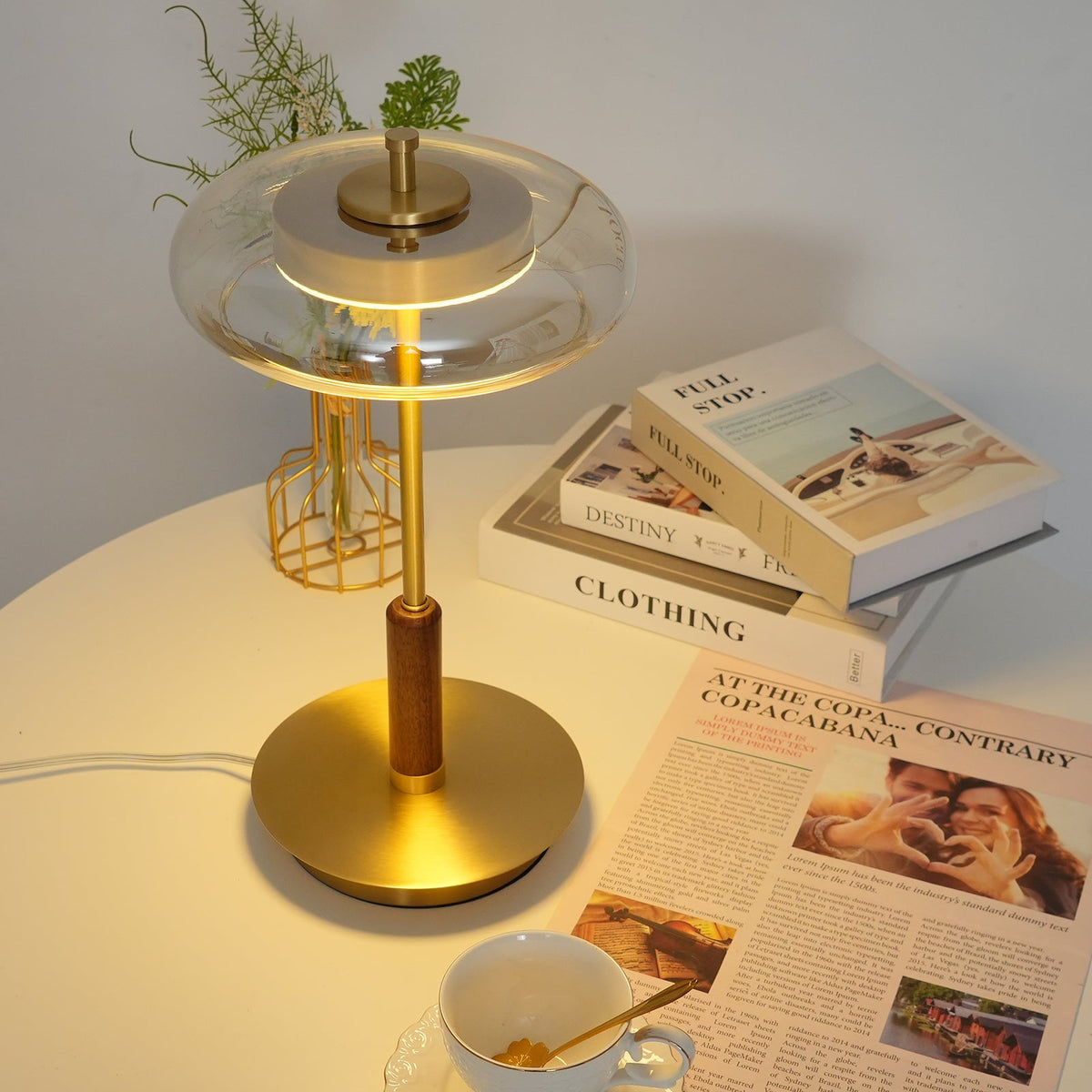 Amber Glass Bedside Lamp with Brass Base 8.6 in Diameter Warm Glow 7W LED Lighting Nightstand Accent for Bedroom Office Contemporary Decorat
