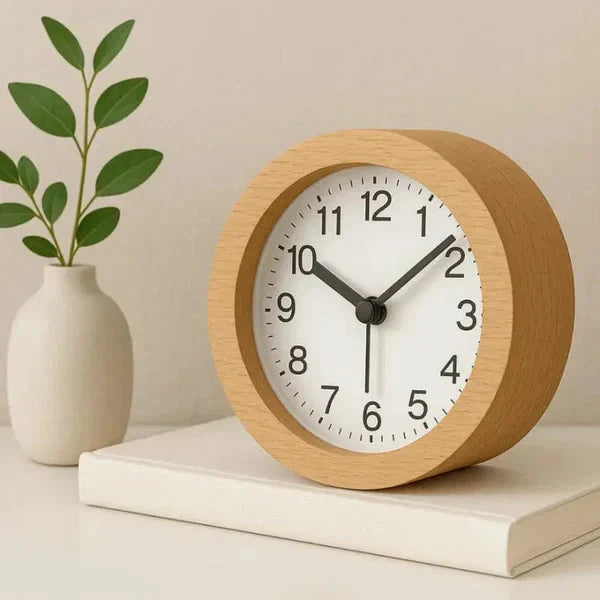Wooden Alarm Clock with LED Nightlight Silent Non-Ticking Snooze Beechwood Bedside Desk Clock for Bedroom Office Kids