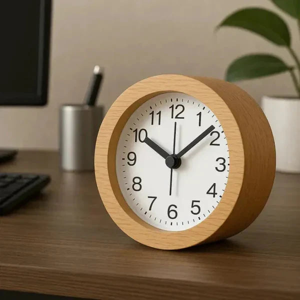 Wooden Alarm Clock with LED Nightlight Silent Non-Ticking Snooze Beechwood Bedside Desk Clock for Bedroom Office Kids