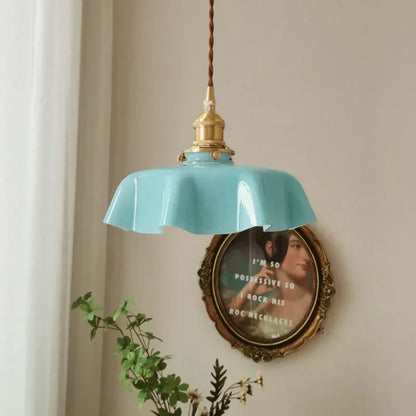 Wavy Glass Hanging Light 9 in Pastel Shade Brass Accent for Kitchen Island Dining Room Adjustable Drop E27 Bulb Socket Vintage French Style