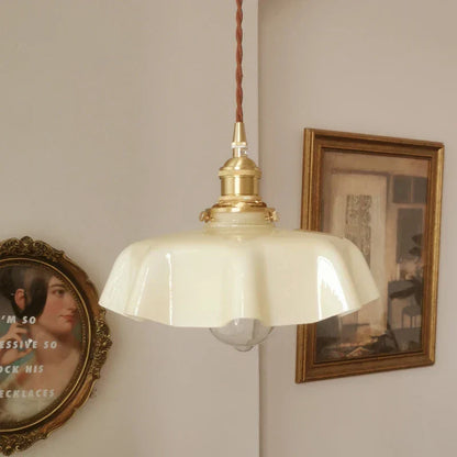 Wavy Glass Hanging Light 9 in Pastel Shade Brass Accent for Kitchen Island Dining Room Adjustable Drop E27 Bulb Socket Vintage French Style