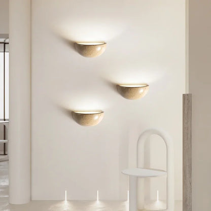 Stone-Effect Half-Round LED Wall Sconce Warm Glow Fixture Bedroom Hallway Bedside Ambient Light Minimalist Modern Organic Scandinavian Décor