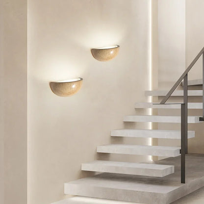 Stone-Effect Half-Round LED Wall Sconce Warm Glow Fixture Bedroom Hallway Bedside Ambient Light Minimalist Modern Organic Scandinavian Décor