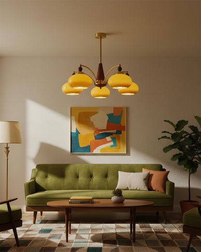 Multi-Arm Pendant Light Fixture Wood Brass Glass Shades Adjustable Height Dining Room Living Room Overhead Lighting 3 5 8 Bulb Vintage Indus