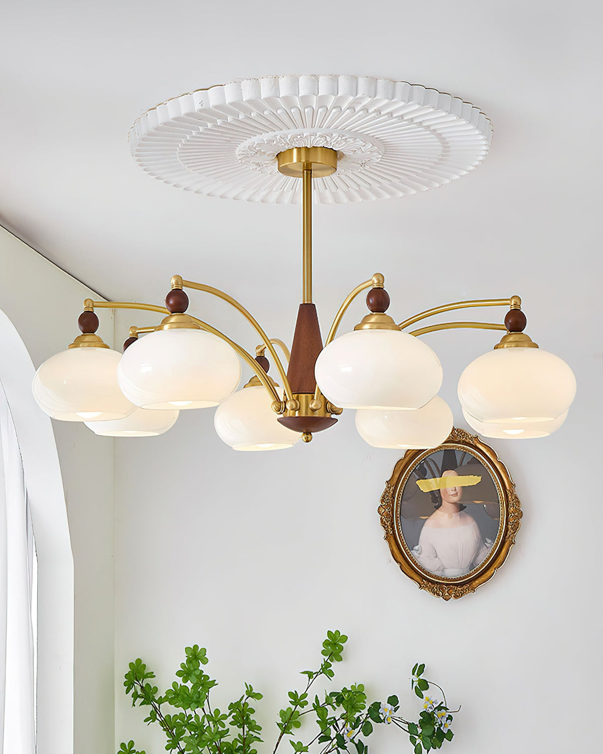 Multi-Arm Pendant Light Fixture Wood Brass Glass Shades Adjustable Height Dining Room Living Room Overhead Lighting 3 5 8 Bulb Vintage Indus