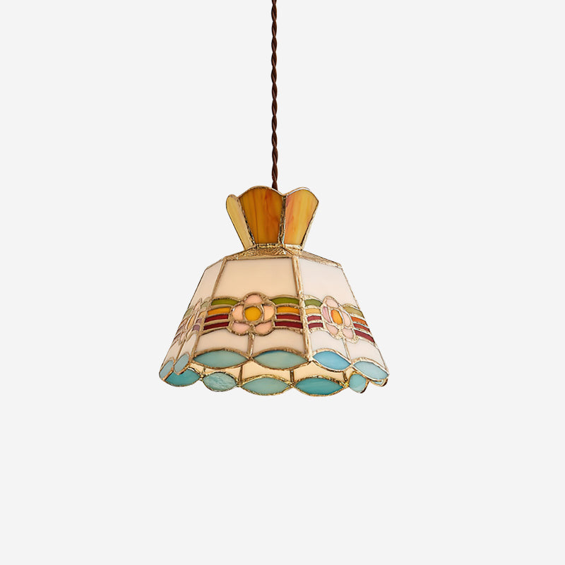 Stained Glass Pendant Light 7.8 Inch Bell Shade Multicolor Floral Fixture Kitchen Island Dining Room Ceiling Lamp Vintage Style Hanging Ligh