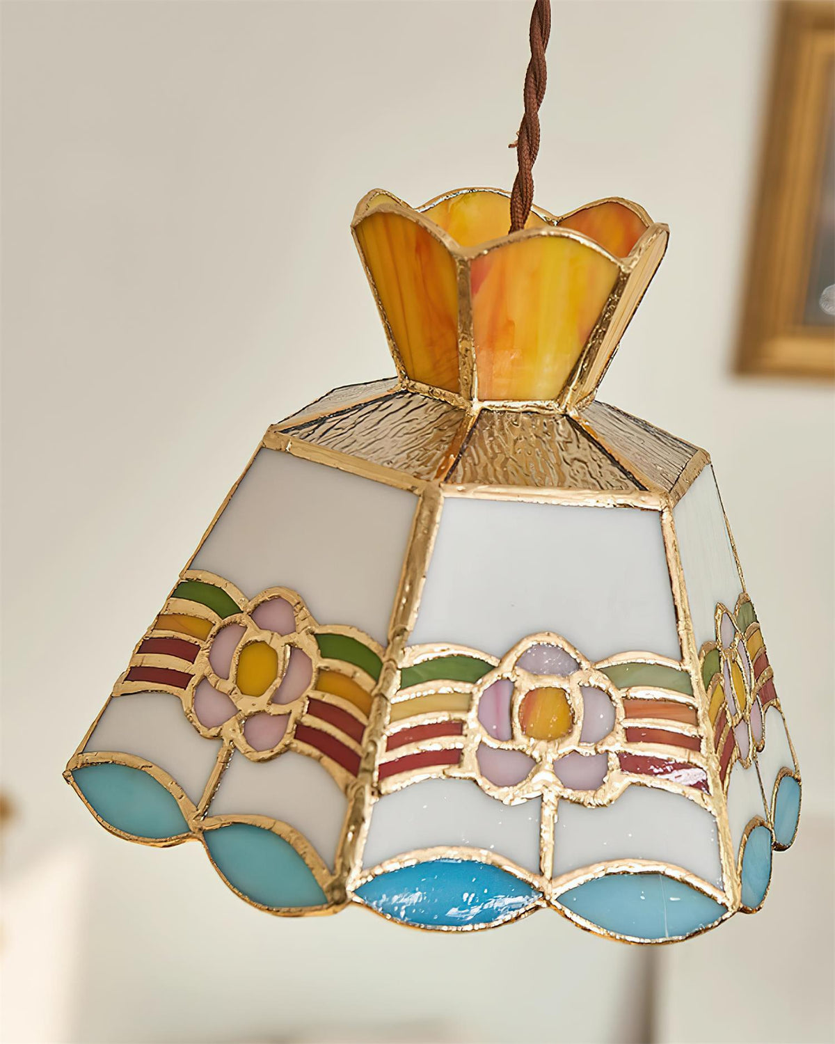 Stained Glass Pendant Light 7.8 Inch Bell Shade Multicolor Floral Fixture Kitchen Island Dining Room Ceiling Lamp Vintage Style Hanging Ligh
