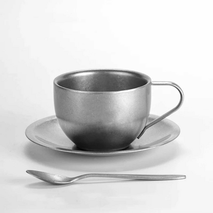 Retro Stainless Steel Coffee Mug Set with Saucer and Spoon – Double-Walled Insulated Design for Stylish Coffee Moments