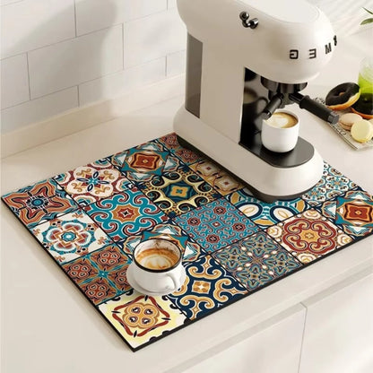 Diatomaceous Earth Drying Mat Kitchen Counter Quick Dry Absorbent Stone Pad for Coffee Bar Dish Sink Drainer Retro Pattern